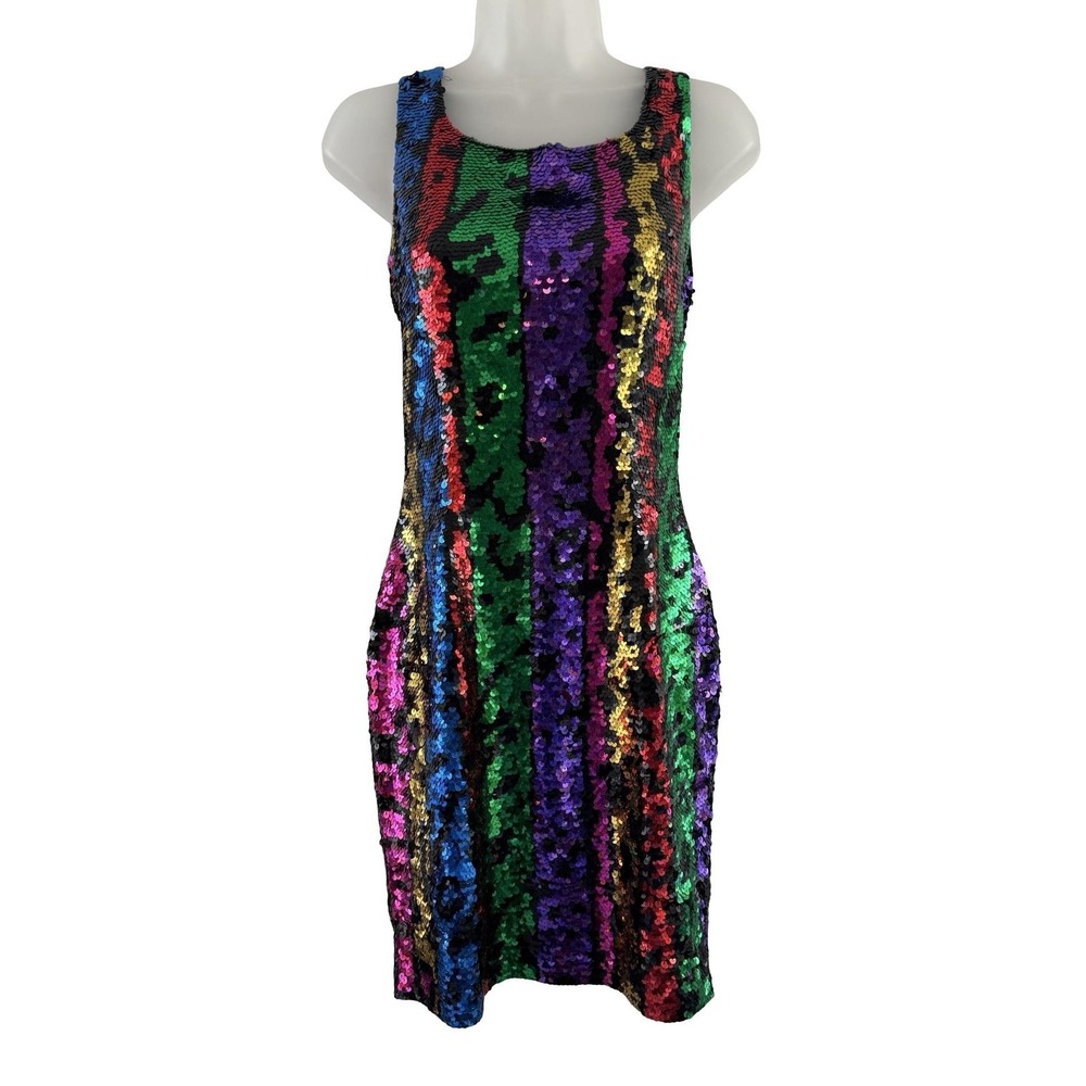 Vintage Black Tie Oleg Cassini Dress Womens 8 Rainbow Sequin Animal Print Party